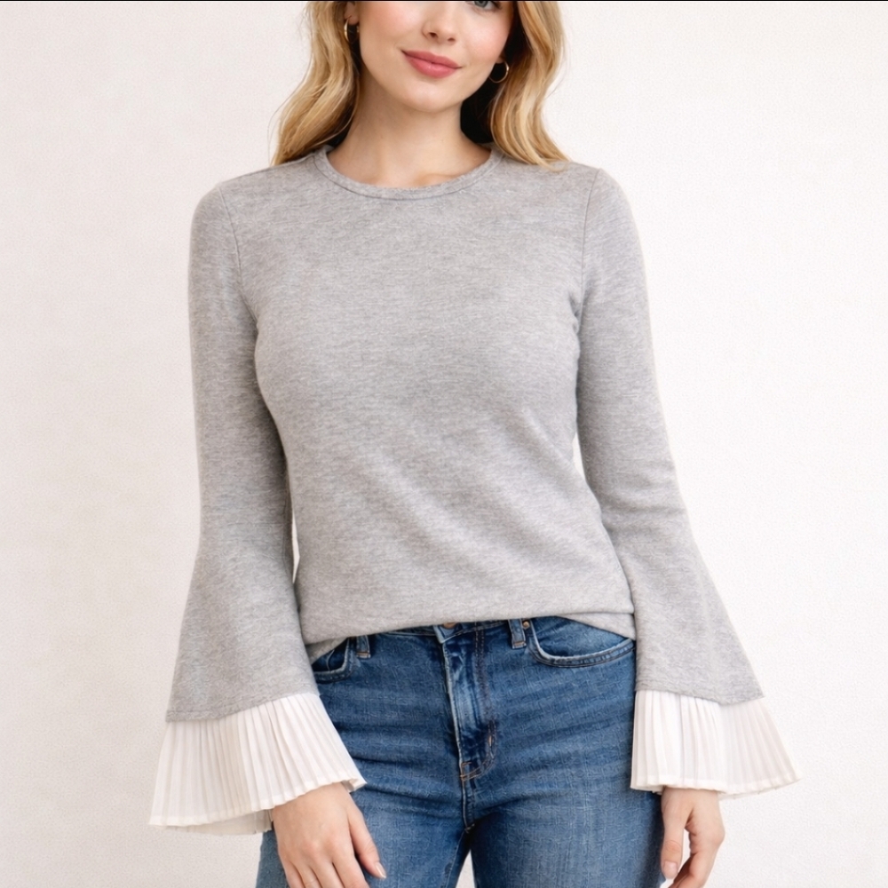 DH New York Grey Pullover Peasant Sleeves Stretcy Sweater Size Small